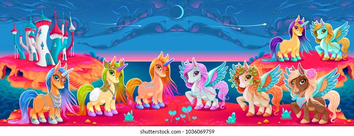 Groups of unicorns and pegasus in a fantasy landscape. Vector cartoon illustration