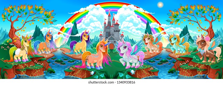 Groups of unicorns and pegasus in a fantasy landscape. Vector cartoon illustration