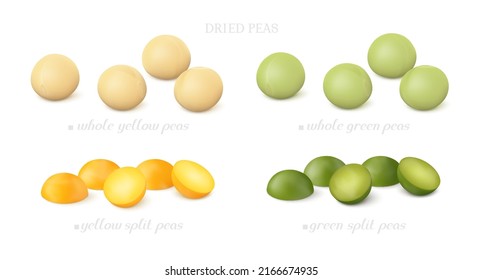 Groups of yellow and green dried peas (whole and split) isolated on white background. Side view. Realistic vector illustration.