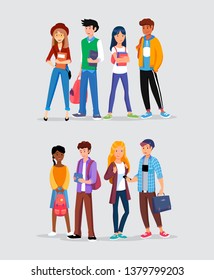 Groups of young people, teenagers in the hobby club, friends from school. Сollege or university students different nationalities from different countries standing in line. Schoolchildren characters.