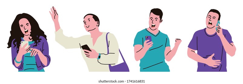 Groups of young people with various expressions are happy, sad, excited, and enthusiastic when holding their cellphones