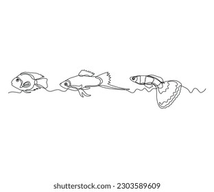 group,set,three in a row,a flock of abstract aquarium fish Continuous One Line Drawing