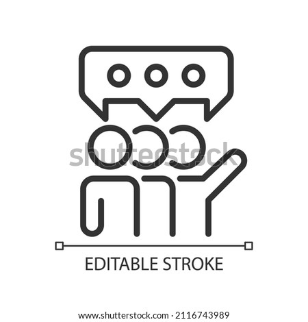 Groupthink pixel perfect linear icon. Collaboration in team. Teamwork and discussion for project. Thin line illustration. Contour symbol. Vector outline drawing. Editable stroke. Arial font used