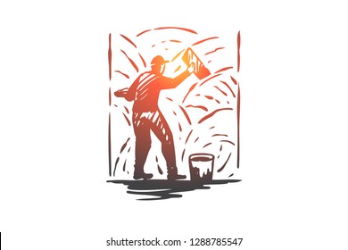 Grouting, cement, worker, wall, repair concept. Hand drawn repairman with tool and cement concept sketch. Isolated vector illustration.