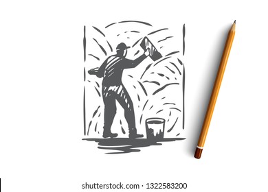 Grouting, cement, worker, wall, repair concept. Hand drawn repairman with tool and cement concept sketch. Isolated vector illustration.