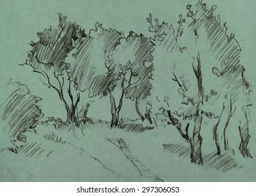 grove of deciduous trees, painted graphite pencil at the green background, hand drawn sketch of landscape, vector illustration