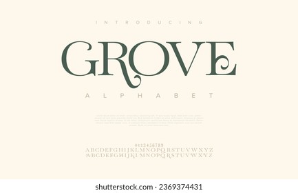 Grove premium luxury elegant alphabet letters and numbers. Elegant wedding typography classic serif font decorative vintage retro. Creative vector illustration