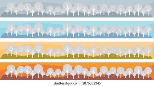 a grove of white trees in 4 different color lights.