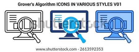Grovers Algorithm icon represented by monitor, chart, magnifying glass Line, Blue, Dualtone style.