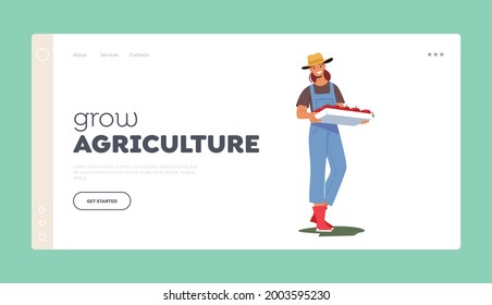 Grow Agriculture Landing Page Template. Female Farmer Carry Harvest in Box. Gardener Character Harvesting Ripe Fruits in Garden, Ecological Eco Farm Production. Cartoon People Vector Illustration