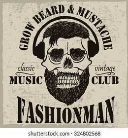 Grow beard and mustache label with hand drawn skull and headphones, dusty background