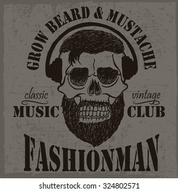 Grow beard and mustache label with hand drawn skull and headphones, dusty background