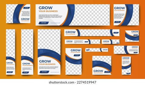 Grow Business Banner templates set with standard size for web. White and Blue banner with place for photos for Social Media, Cover ads banner, flyer, invitation card.