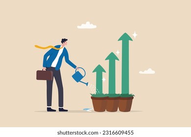 Grow business, growth or increase revenue income, personal development, growth mindset or investment profit, prosperity concept, businessman watering seedling plant with growing green growth arrow.