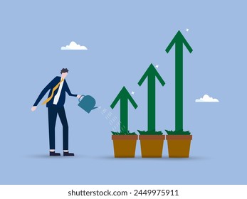 Grow business, growth or increase revenue income, personal development, growth mindset or investment profit, prosperity concept, businessman watering seedling plant with growing green growth arrow.