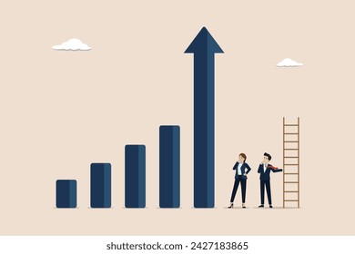 Grow business, growth or progress to achieve goal and target, development to boost performance concept, business people team looking at high rising up graph arrow.