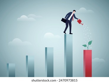 Grow business increase profit, growth investment or prosperity, wealth growing or accumulate, asset price rising up concept, happy businessman pouring water with care to grow company growth bar.