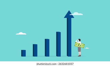 Aumentar o negócio aumentar as vendas e os lucros, crescimento ou progresso para alcançar o objetivo, desenvolvimento para impulsionar o conceito de desempenho, empresária olhando para a alta seta ascendente gráfico ao transportar notas