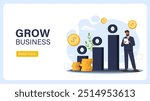 Grow business poster. Man in suit near growing graph with gold coins. Financial literacy and passive income. Investing and trading. Landing page design. Flat vector illustration