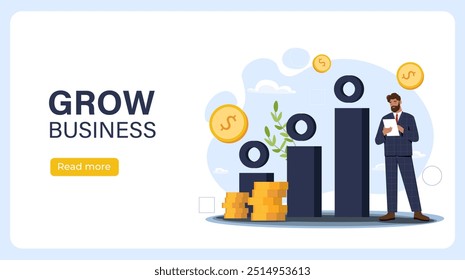 Grow business poster. Man in suit near growing graph with gold coins. Financial literacy and passive income. Investing and trading. Landing page design. Flat vector illustration