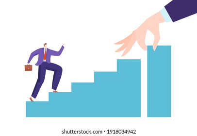 Grow up business, young successful businessman growth concept, design cartoon style vector illustration, isolated on white. Success graph, financial chart, investment increase diagram, profit growth.