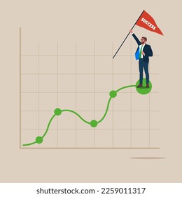 Grow chart up increase profit sales and investment background. Businessman holding success flag on top of graph. Modern vector illustration in flat style 