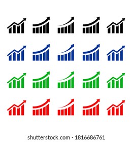 Crecer conjuntos de gráficos. Gráfico comercial con flechas. Colección de gráficos de crecimiento. Símbolo de crecimiento de beneficio. Barra de progreso. Gráfico de barras. Icono de flecha para el éxito del crecimiento. Símbolo de progreso. Gráficos mejorados - vector de stock