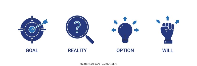 Ícone do modelo de coaching GROW definido com objetivo, realidade, opção, ilustração de conceito