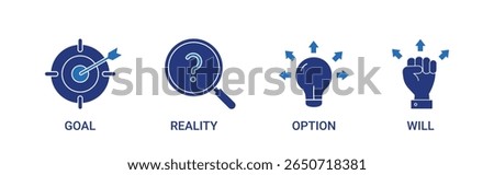 GROW coaching model icon set with goal, reality, option, will concept illustration