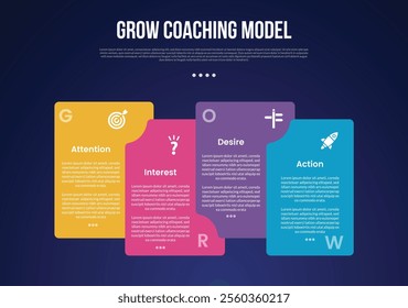 GROW Coaching Model infographic template with creative box container stack gradient dark background style with 4 point for slide presentation vector