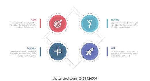 GROW coaching model infographics template diagram with big circle and rotate square shape backrground with 4 point step design for slide presentation