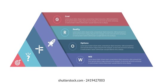 GROW coaching model infographics template diagram with pyramid block shape with 4 point step design for slide presentation