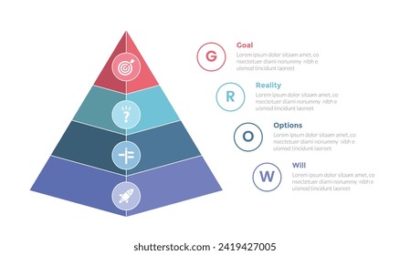 GROW coaching model infographics template diagram with 3d pyramid shape with 4 point step design for slide presentation