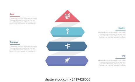 GROW coaching model infographics template diagram with pyramid shape and arrow up with 4 point step design for slide presentation