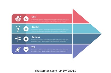 GROW coaching model infographics template diagram with big arrow joined combination with 4 point step design for slide presentation