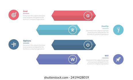 GROW coaching model infographics template diagram with arrow rectangle stack with 4 point step design for slide presentation