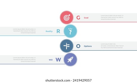 GROW coaching model infographics template diagram with circle badge and rectangle box with 4 point step design for slide presentation