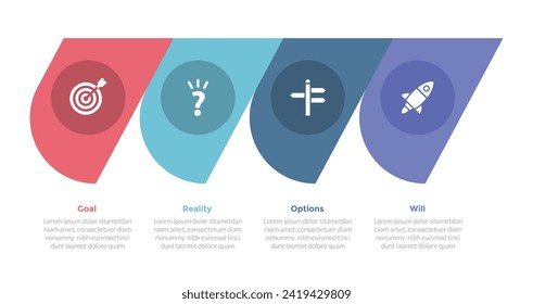 GROW coaching model infographics template diagram with sharp circle modification with 4 point step design for slide presentation
