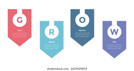 Infografik-Vorlagendiagramm des Wachstumsmodells mit scharfem Rückwärts-Pfeil mit 4-Punkt-Stufendesign für die Präsentation der Folie