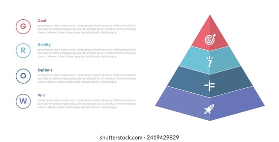 GROW coaching model infographics template diagram with 3d pyramid shape with 4 point step design for slide presentation