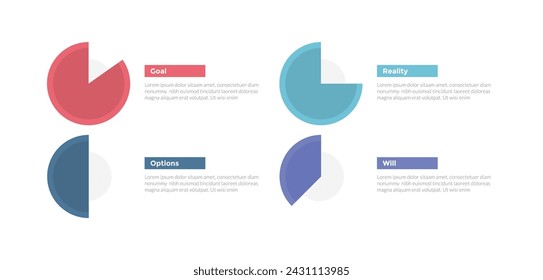 GROW coaching model infographics template diagram with pie chart circle with rectangle layout with 4 point step design for slide presentation