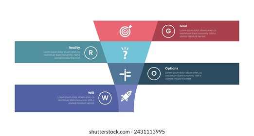 GROW coaching model infographics template diagram with marketing funnel shape and ribbon background description with 4 point step design for slide presentation