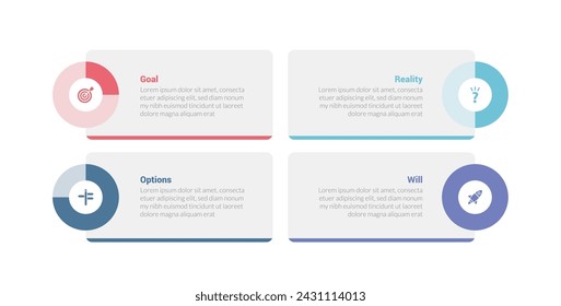 GROW coaching model infographics template diagram with pie chart on rectangle box edge with 4 point step design for slide presentation
