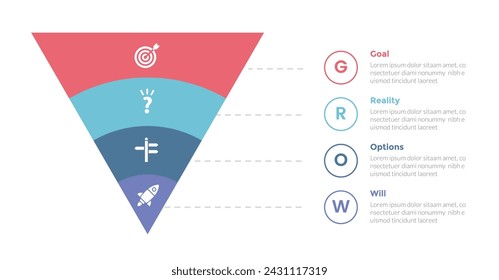 GROW coaching model infographics template diagram with marketing funnel shape on circle slice with outline circle with 4 point step design for slide presentation