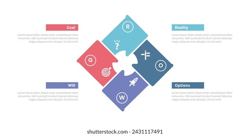 GROW coaching model infographics template diagram with diamond puzzle shape with 4 point step design for slide presentation