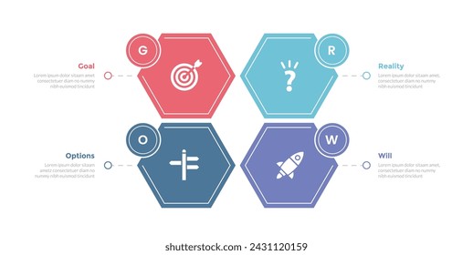 GROW coaching model infographics template diagram with honeycomb hexagon shape center balance cycle with 4 point step design for slide presentation