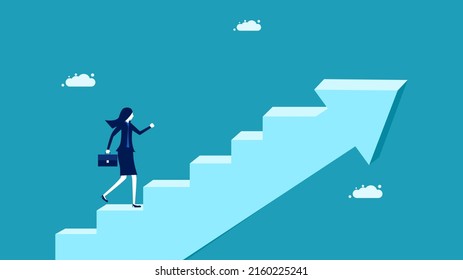 Grow forward. A business woman travels up the arrow ladder of growth. business concept vector
