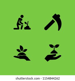 grow icon. 4 grow set with gardener, hand holding up a sprout, plant on a hand and agriculture vector icons for web and mobile app