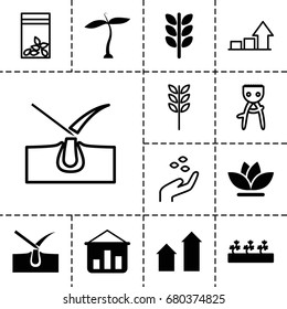 Grow icon. set of 13 filled and outline grow icons such as plant, arrow up, shave hair in skin, flower, sprout plants, hand with seeds, hair removal, seed bag, graph, wheat