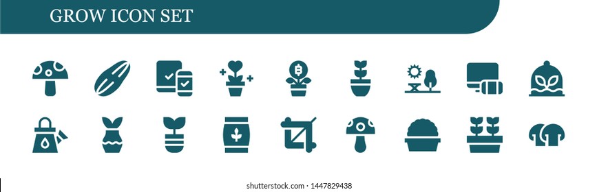 grow icon set. 18 filled grow icons.  Simple modern icons about  - Mushroom, Seed, Responsive, Plant, Growth, Park, Watering can, Wheat, Crop, Plants